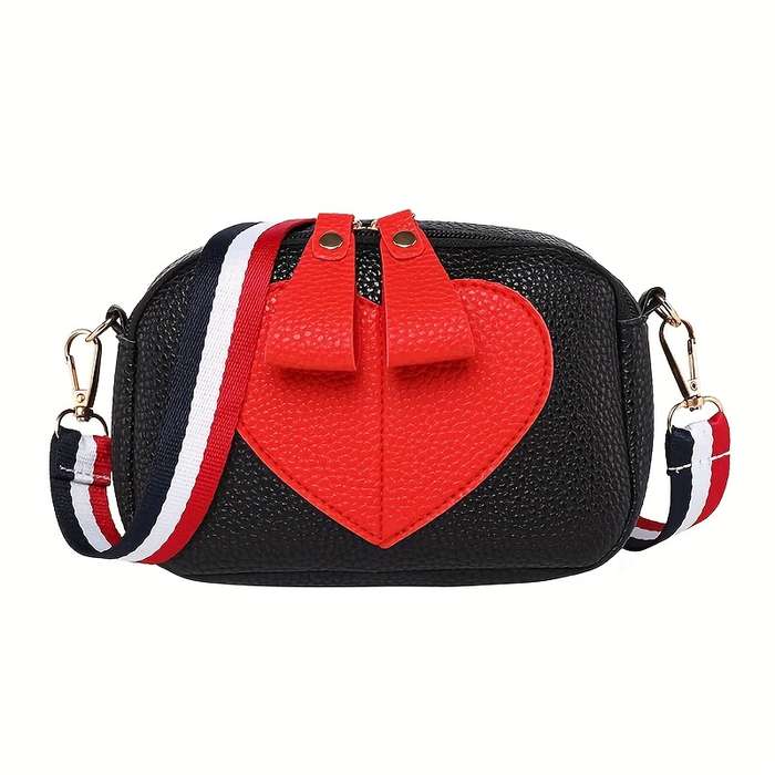 1pc Lightweight Black PU Heart-Shaped Pouch with Adjustable Strap Casual Zipper Phone Bag Ideal