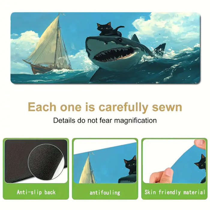 1pc 30x60cm Whimsical Cat Riding Shark Design Soft Non-Slip Mouse Pad Washable Durable Desk Mat