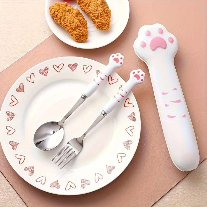 1pc Cat Claw Design Stainless Steel Cutlery Setm Cute Cat's Paw Cutlery Set with Storage Box