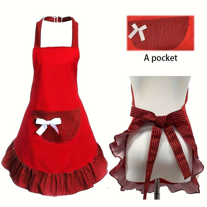 1pc Retro Polka Dot Apron with Ruffle Hem Large Pockets Black and White Vintage Kitchen Ba
