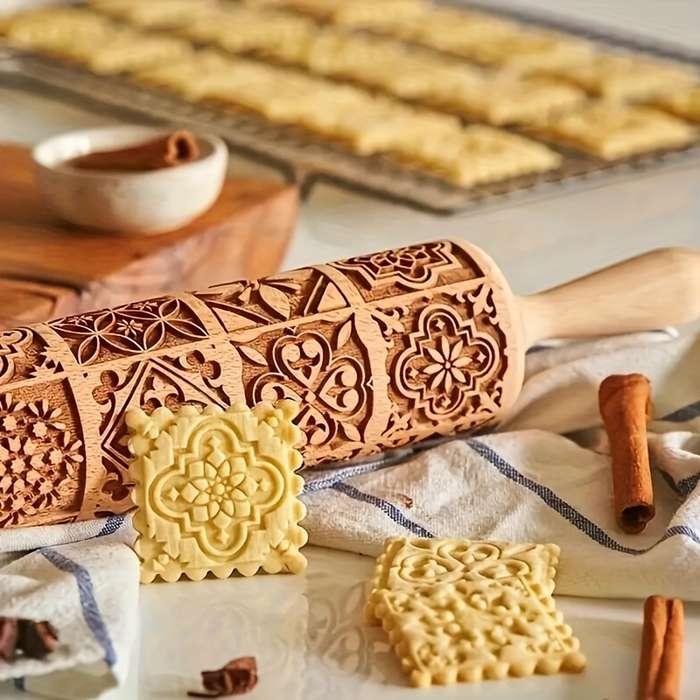 1pc Wooden Embossing Rolling Pin 13.77"x1.77" Christmas Halloween Printed for Pizza Pies