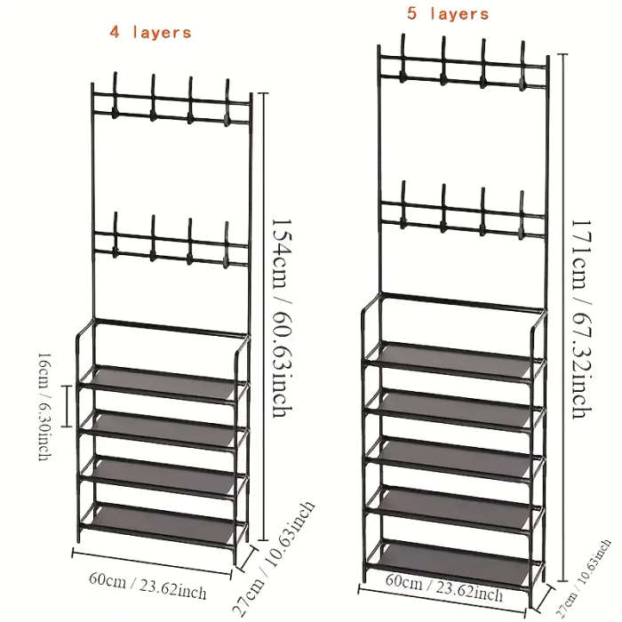 4/5-Tier Shoe and Hat Storage Rack Set with 8 Double Hooks for Clothes, Hats, and Shoes - Easy to A