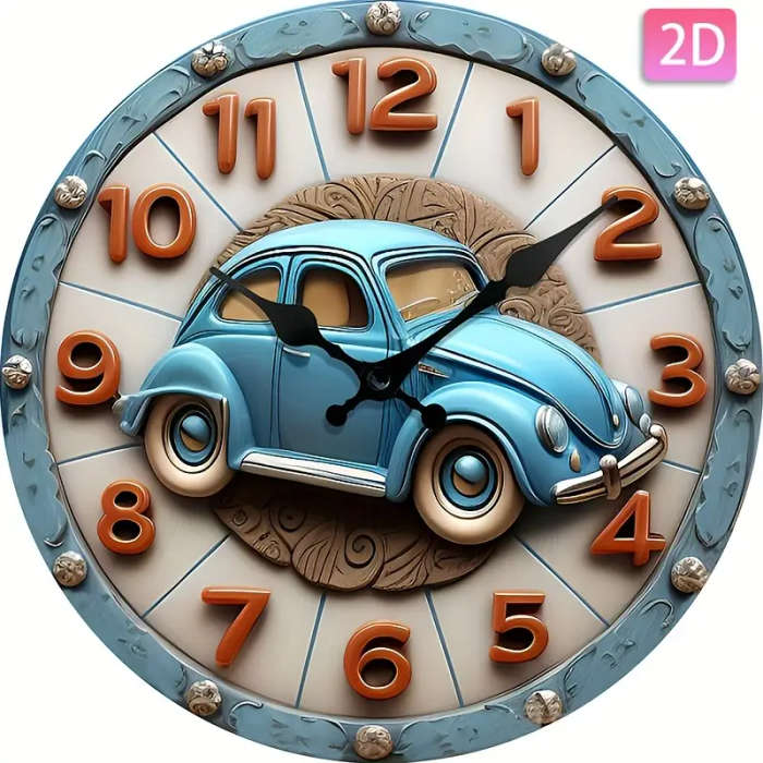 1pc Fashionable And Creative Wooden Surface Wall Clock With A Cute Vintage Car Design Naked Eye 3D E
