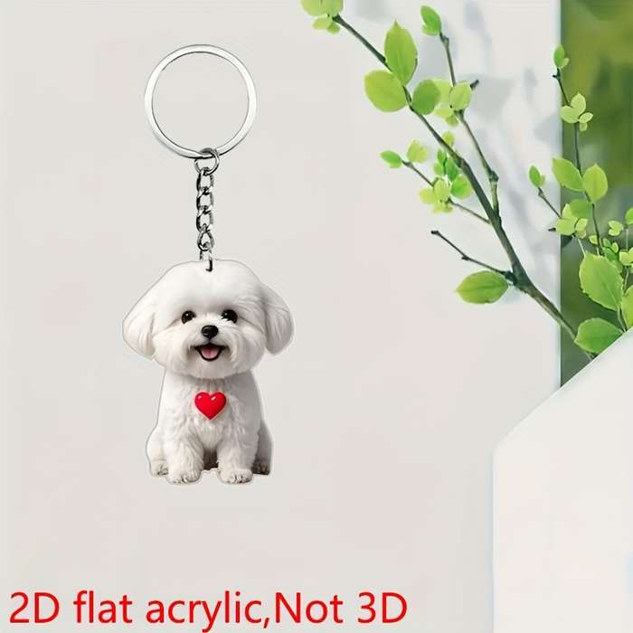 1pc 2D Flat    Cute White Dog Acrylic Keychain with Heart Charm Flat Keychain Perfect Gift