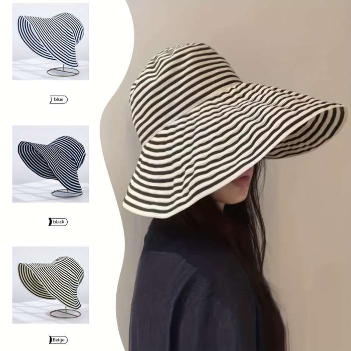 1pc Women'S Summer Foldable Striped Bucket Hat with Large Brim for Sun Protection C Stylish Light