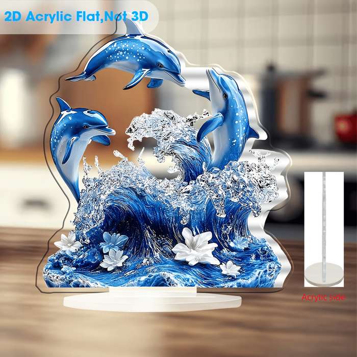 1pc 2D Flat    Printing Blue Three Dolphins Acrylic Display Sign Cafe Bedroom Living Ro