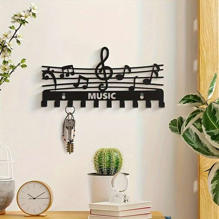 1pc Black Iron Music Note Key Hook Rack Multifunctional Wall-Mounted Storage Organizer Painted Fin