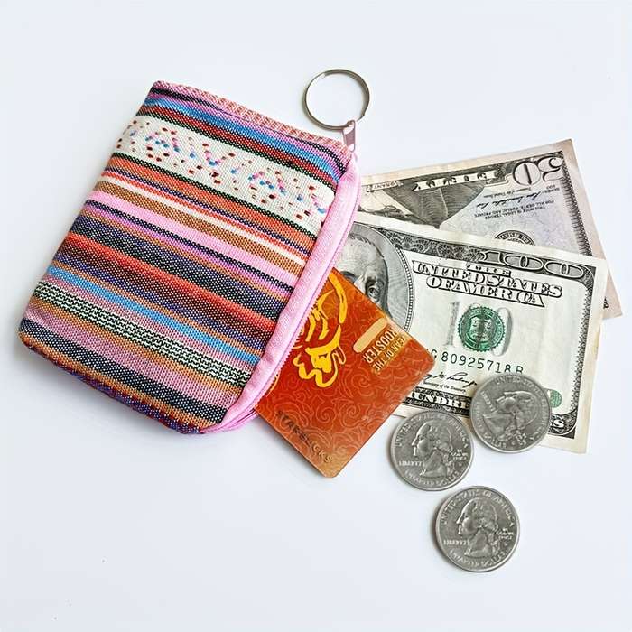 1pc Boho-Chic Retro Striped Canvas Zipper Wallet Lightweight Clutch with Coin Pocket Multifuncti
