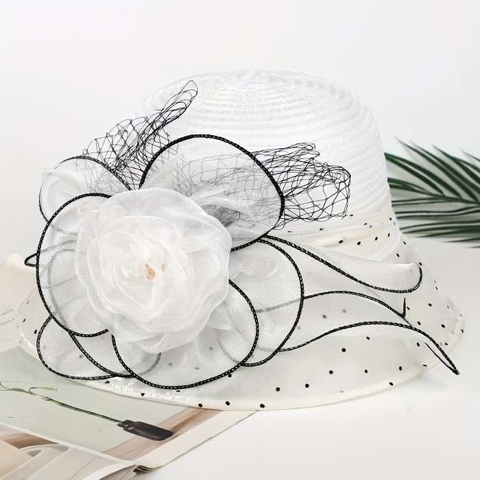 1pc Women's Wide Brim Floral Organza Sun Hat Beige with Black Mesh Flower Veil Breathable UV P