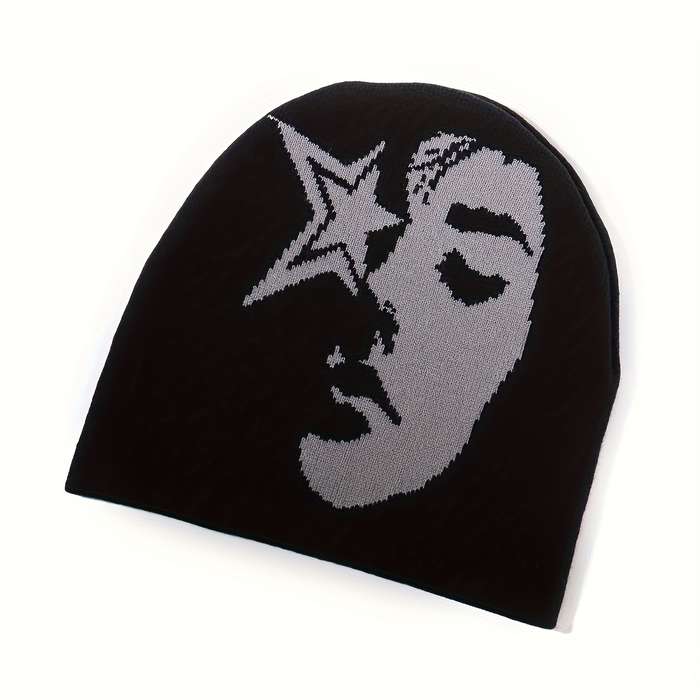 1pc Star Face Jacquard Knit Beanie for Women and Men Acrylic Stretchy Skull Cap Lightweight Unise