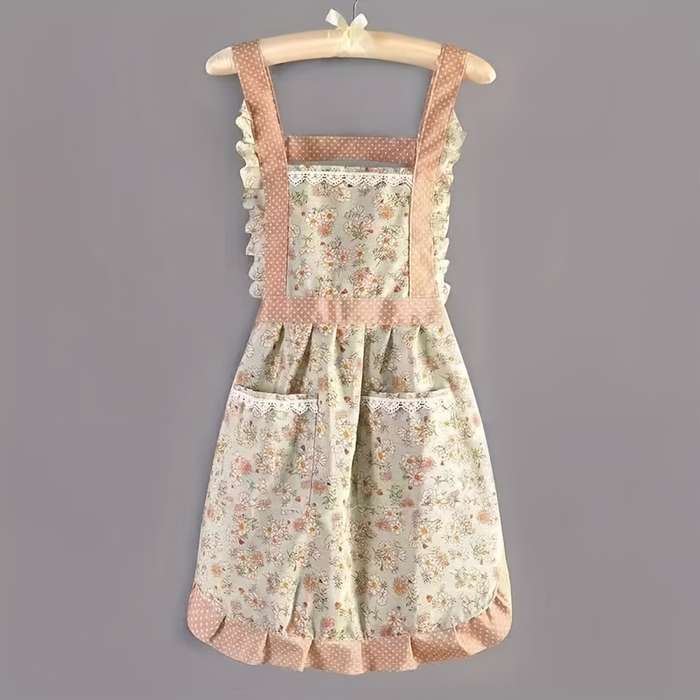 1pc Elegant Floral Print Apron for Women Double-Pocket Design with Ruffled Details Perfect f