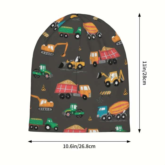 1pc Cute Cartoon Construction Vehicles Knit Cap for Men Elastic Bandeau Hat Lightweight Polyester