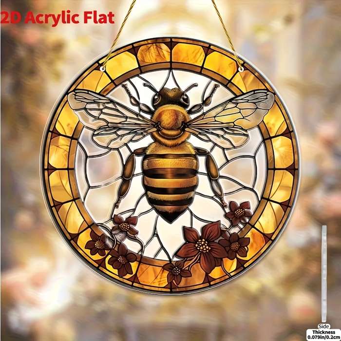 1pc 2D Flat  20.32x20.32 cm Bee Flower Stained Glass-Style Acrylic Suncatcher Vibrant Yellow