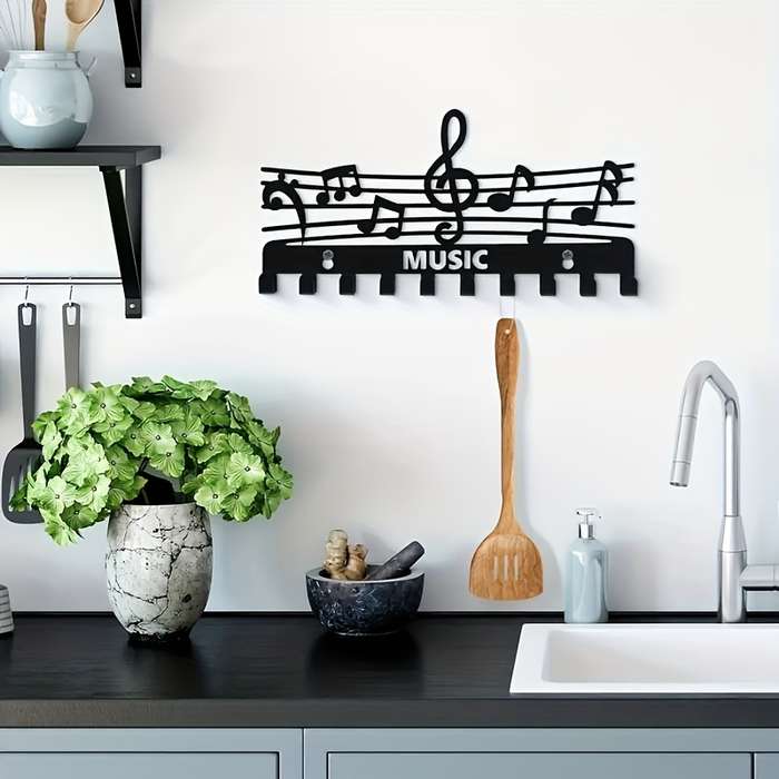 1pc Black Iron Music Note Key Hook Rack Multifunctional Wall-Mounted Storage Organizer Painted Fin
