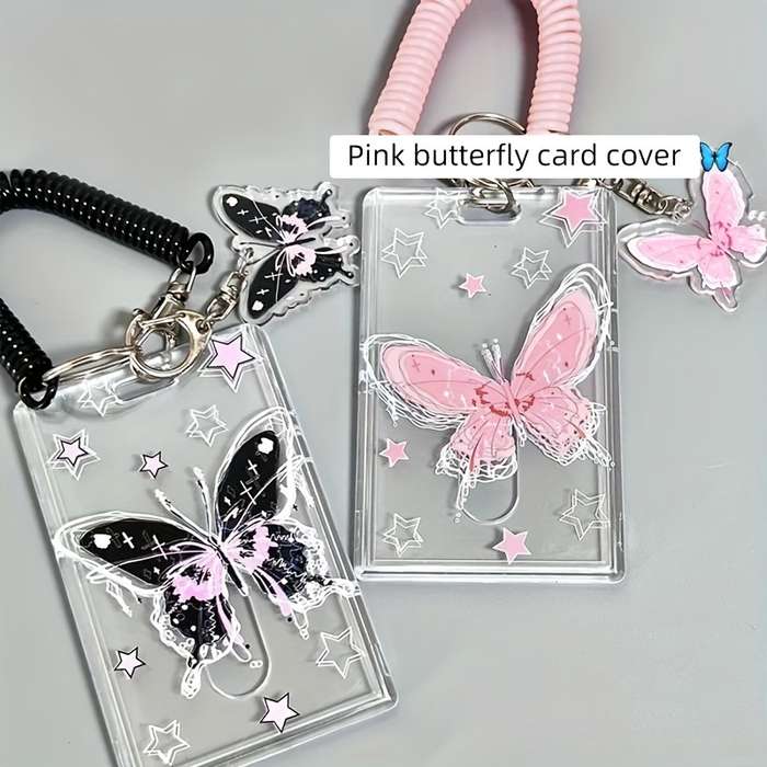 1pc Y2K-Inspired Butterfly Design Transparent ID Card Holder with Keychain Durable Plastic Anti-
