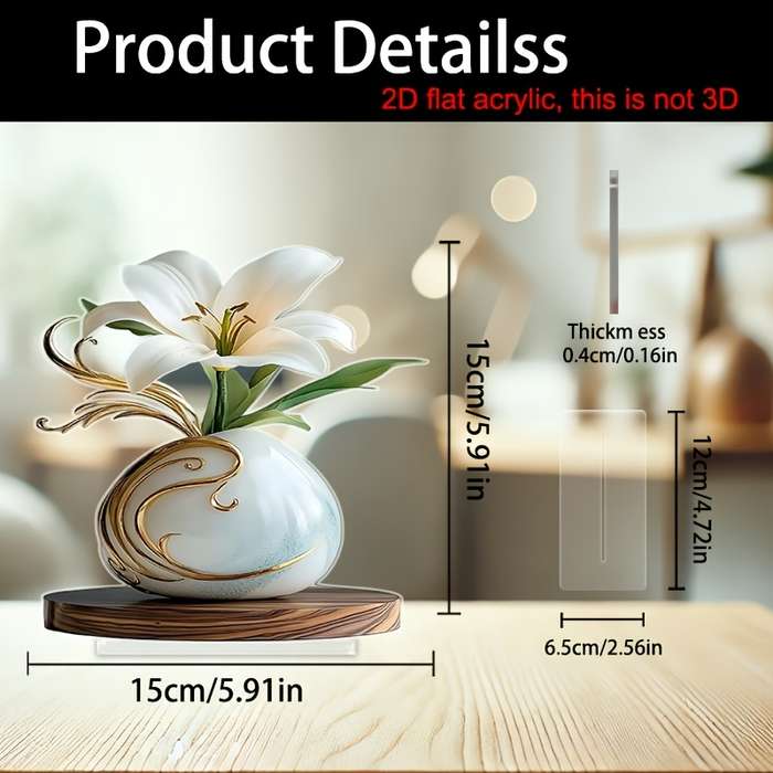 1pc 2D Flat  Acrylic Vase with Elegant White Lilies and Golden Accents Ideal for Home Office or