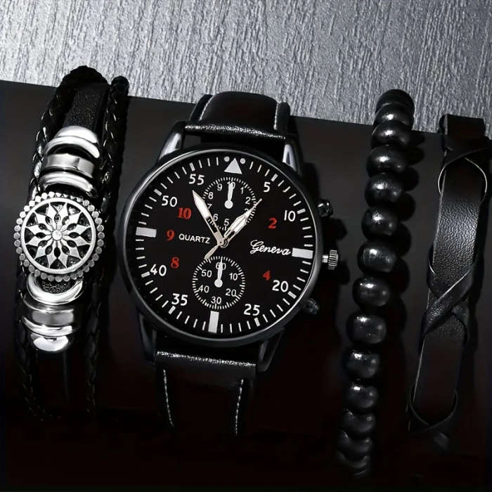 4pcs Fashion Quartz Watch Set with Faux Leather Strap Classic Bracelets Sporty Round Dial Zinc Alloy