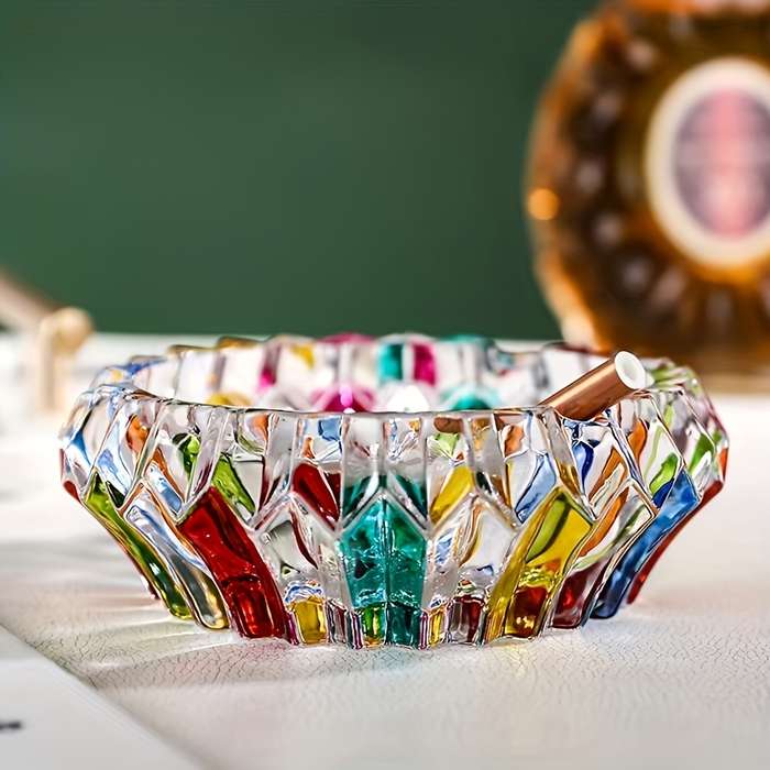 1pc Elegant Glass Ashtray Round Colorful Design for Home and Office Decor Perfect for Living