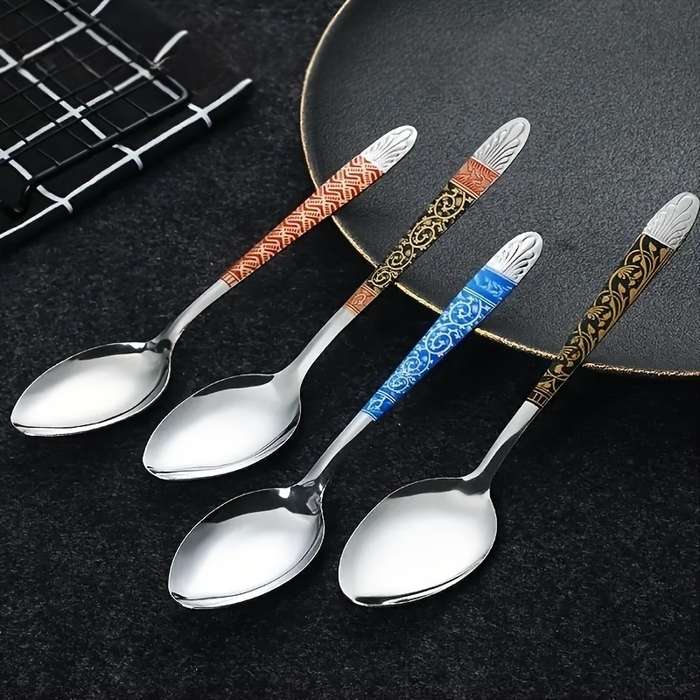 10pcs Elegant Multicolor Stainless Steel Soup Spoons Vintage Print Durable Easy to Clean R