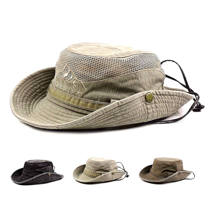 1pc Breathable Cotton Mesh Sun Hat All-Season Outdoor Fisherman Cap with Drawstring Closure UV Pr