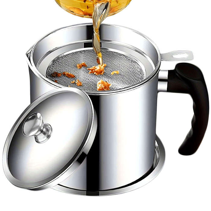 1pc Stainless Steel Kitchen Grease Container with Strainer Easy-Pour Handle Ideal for Cooking Oi