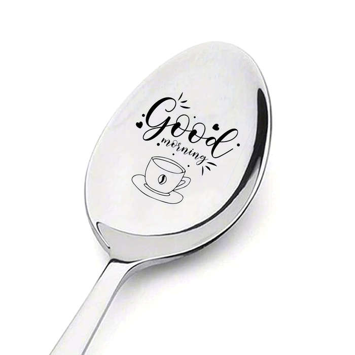 1pc Good Morning And TeaCup Engraved SpoonSpecial Design For Tea HouseHousehold Use Gift F