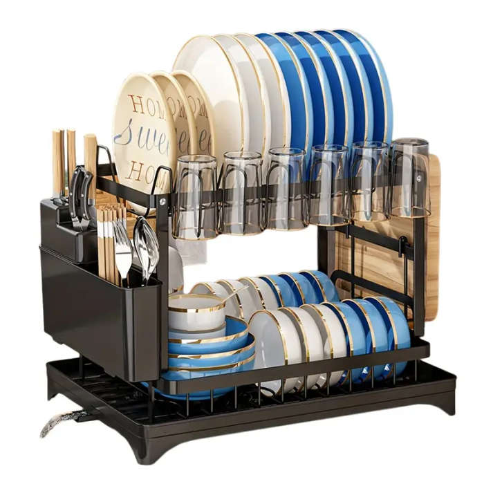 1pc Large Capacity 2-Tier Dish Drying Rack with Drainboard, Double-Layer Bowl & Cup Rack, Detachable