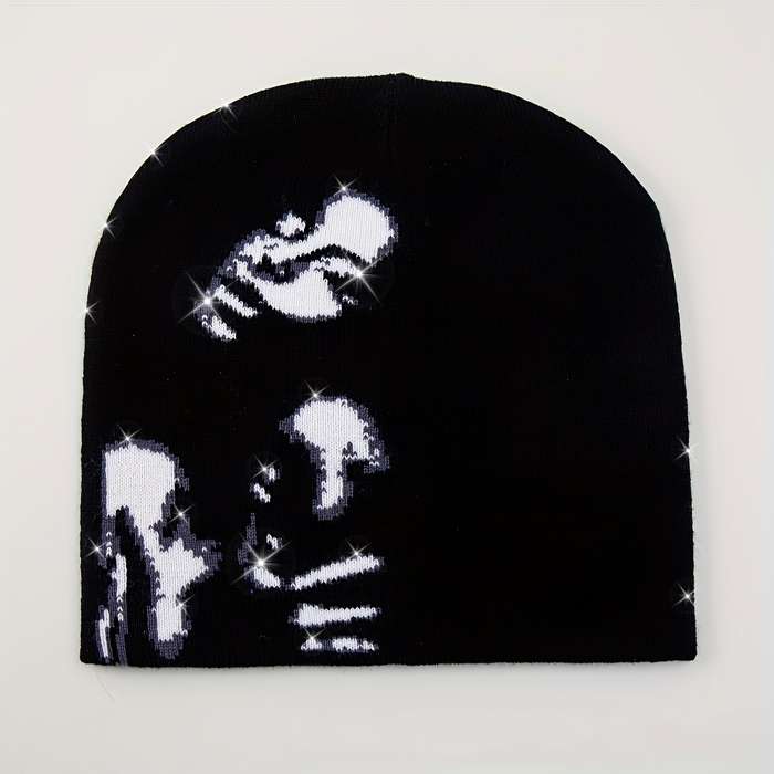 1pc Chic Skull Beanie Black White Jacquard Stretchy Elastic Knit for Women Perfect Casual We