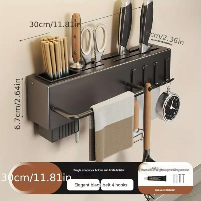 1pc Modern Wall-Mounted Kitchen Rack Carbon Steel Multi-Functional Utensil Holder 30cm