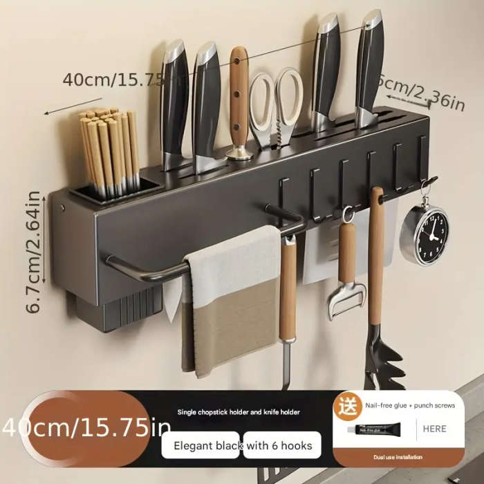 1pc Modern Wall-Mounted Kitchen Rack Carbon Steel Multi-Functional Utensil Holder 40cm
