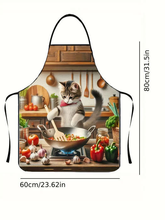1pc Cartoon Cooking Cat Apron Casual Style 100% Polyester Non-Stretch Fabric Woven 150g m?
