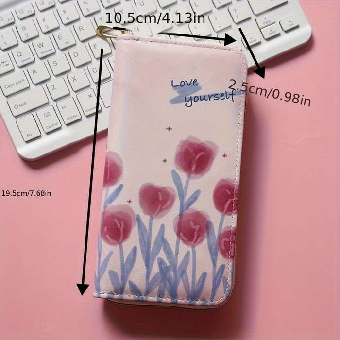 1pc Women'S Casual Floral Zipper Wallet with Multiple Card Slots Large Capacity Coin Pouch with "