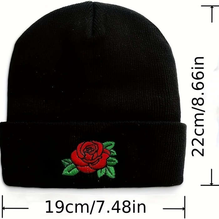 1pc Embroidered Rose Beanie Hat 100% Acrylic Knit Cap with Elasticity Lightweight Winter Headwear