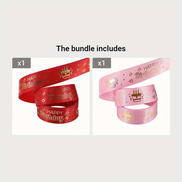 Classic Happy Birthday Print Polyester Ribbon Red + Pink