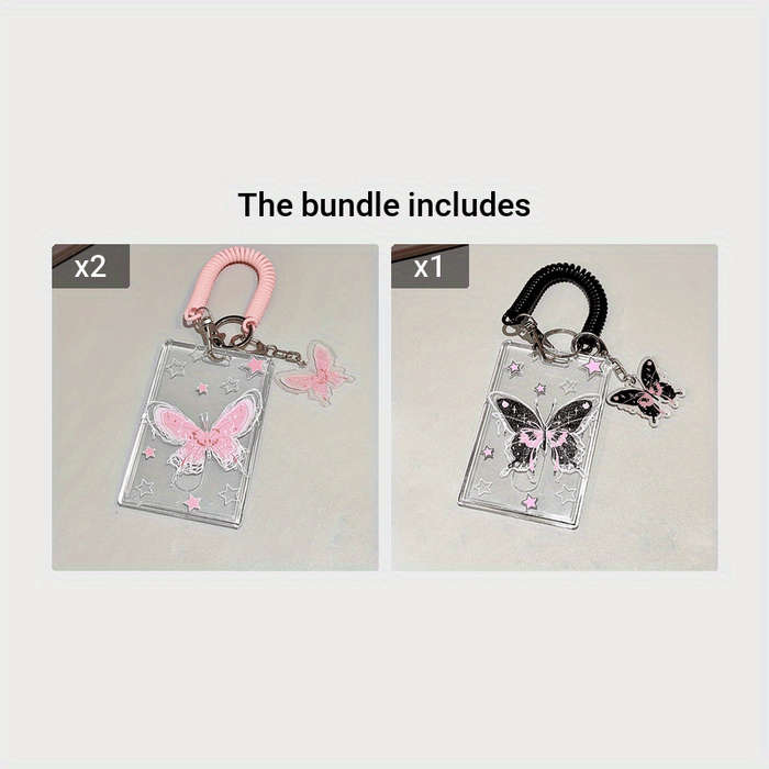 1pc Y2K-Inspired Butterfly Design Transparent ID Card Holder with Keychain Durable Plastic Anti-