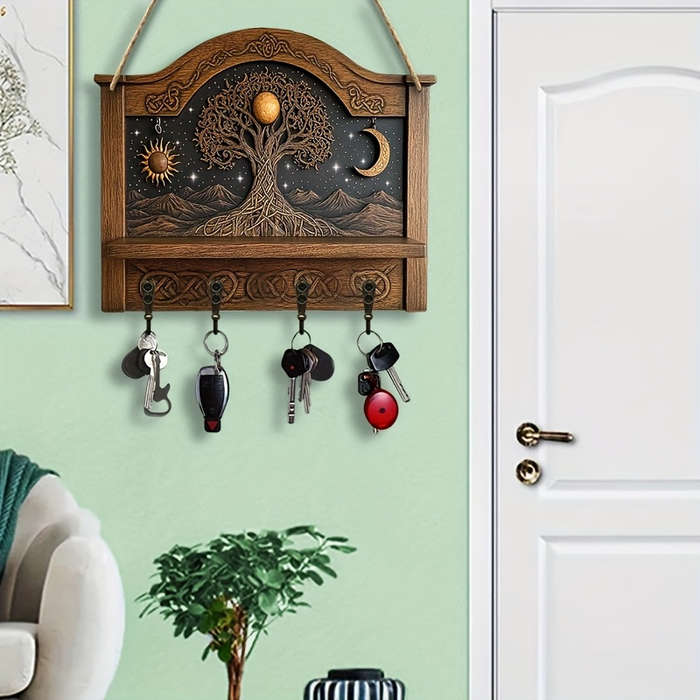 1pc Tree of Life Wall Art with Moon  Sun DesignTraditional Wooden Key Holder Organizer 30.0cm x