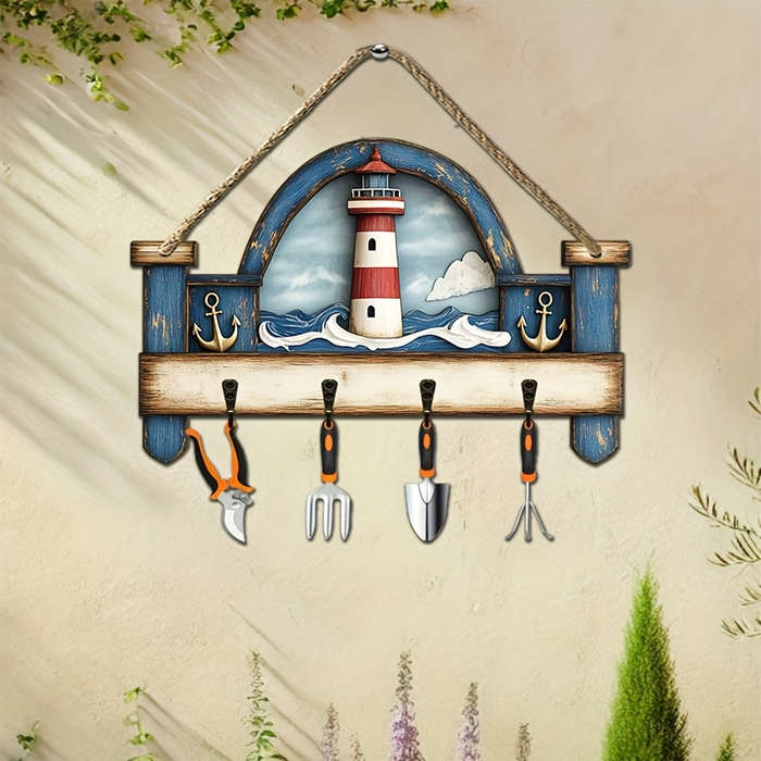 Vintage Nautical Lighthouse Wooden Key Holder2D Flat Design with Four Metal Hooks Colorful Wall
