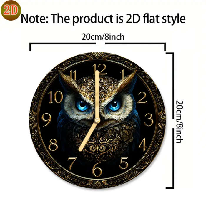 1pc Round Silent Wooden Wall Clock 2D Flat Owl Design Manufactured Wood Dry Battery Power AA Battery