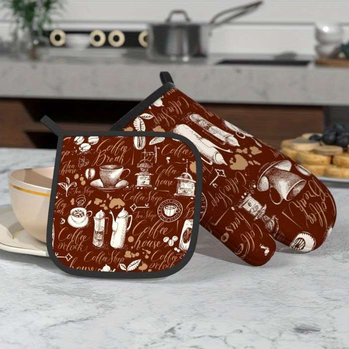 2pcs Vintage Coffee-Themed Heat-Resistant Oven Mitts Pot Holders 26.92x17.02 cm Brown with