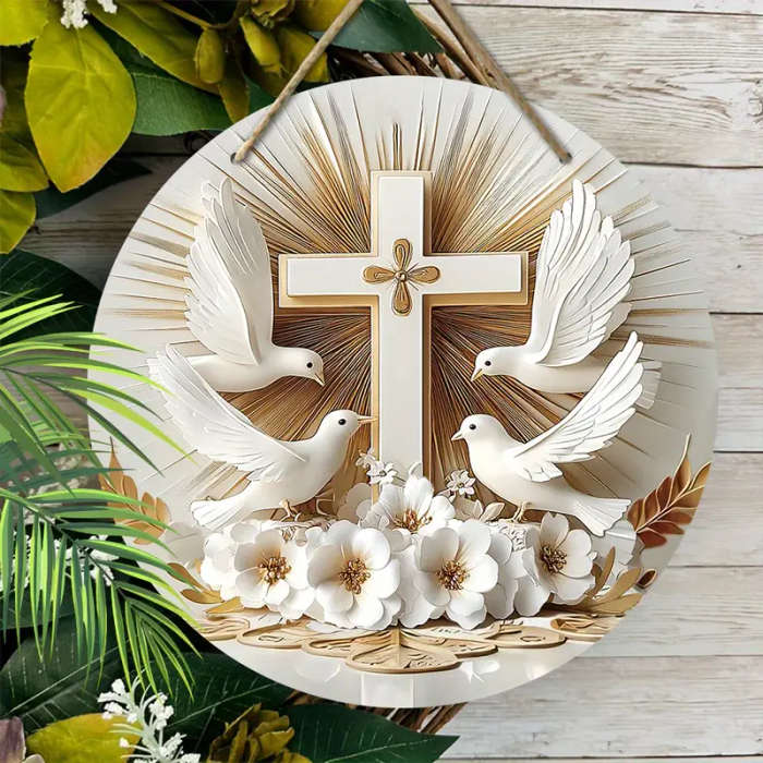 1pc Rustic Wooden Cross and Dove Wreath Sign 19.99cmx19.99cm Round Religious Wall Decor with Hanging