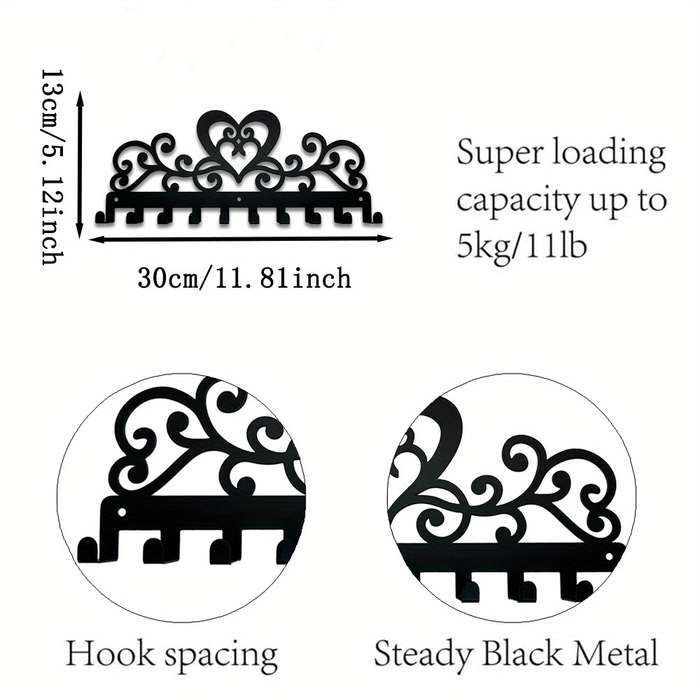 Vintage Heart-Shaped 10-Hook Black Metal Key HolderStylish Wall-Mounted Organizer for K