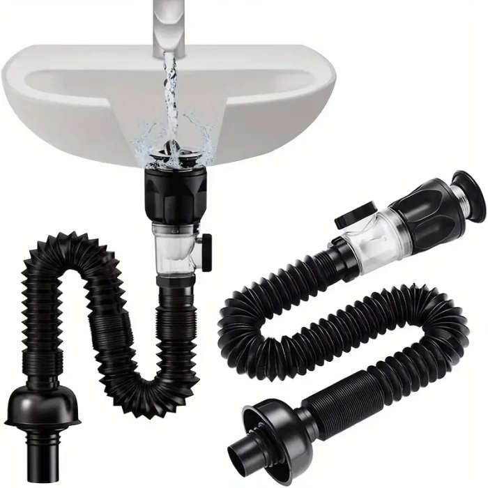 1pc Odor-Resistant Bathroom Sink Drain Kit with Expandable P-Type Elbow Durable Stainless Steel ABS