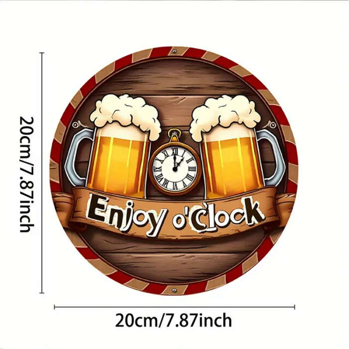 1pc Rustic Enjoy o'Clock Beer Mugs Wall Clock Round Aluminum Sign Festive Hanging Decor for Home Pat