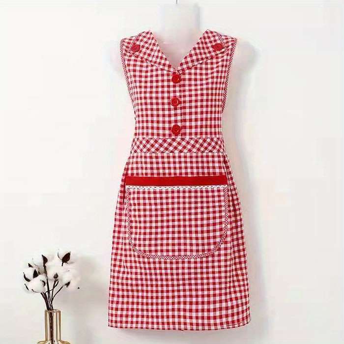 1pc Stylish Gingham Apron with Collar Red White or Black White Plaid Pattern Adjustable
