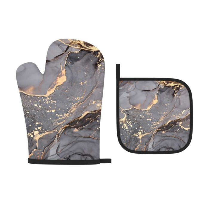 2pcs Grey Marble Pattern Polyester Oven Mitts Heat Resistant Potholders Machine Washable Wov