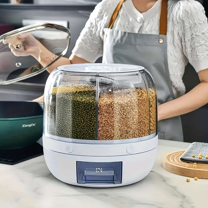 6-Compartment Rotating Rice Bucket with Transparent Lid Large Capacity Grain Storage Containe