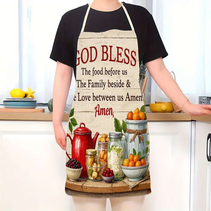 1pc Linen Kitchen Apron with Vintage Food Print "God Bless Our Family" Design Easy-Clean Co