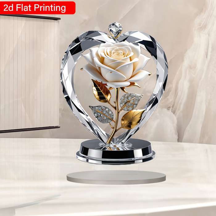 1pc 2D Flat   Acrylic Heart-Shaped White Rose with Golden Leaves Stems Elegant Home Decor for