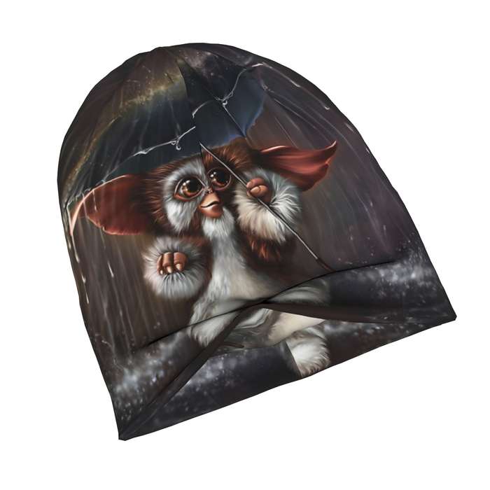 1pc Whimsical Gizmo-Themed Skull Cap Cozy Knit Beanie with Cute Umbrella Rain Design Soft Pol