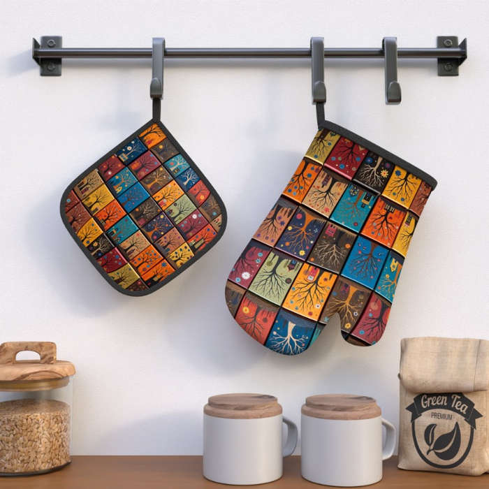2pcs Colorful Tree Art Heat Resistant Oven Mitts and Pot Holders 26.92x17.02 cm Vibrant Patc